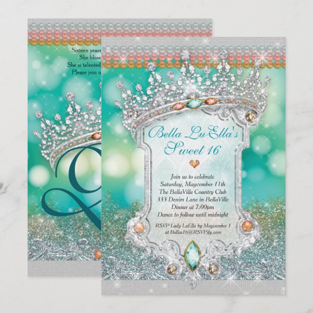 Aqua Glitzer Tiara Sweet 16 Einladung (Vorne/Hinten)
