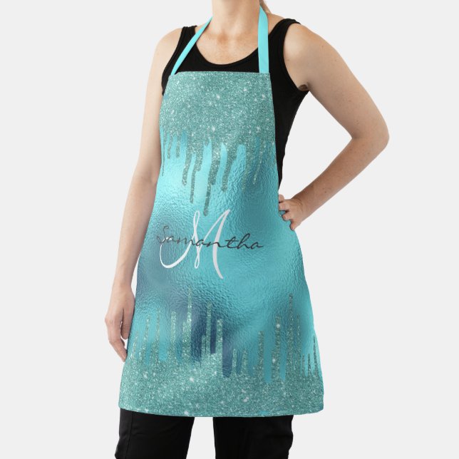 Aqua Glitzer Tropfen Metallic Foil Personalisiert Schürze (InSitu)