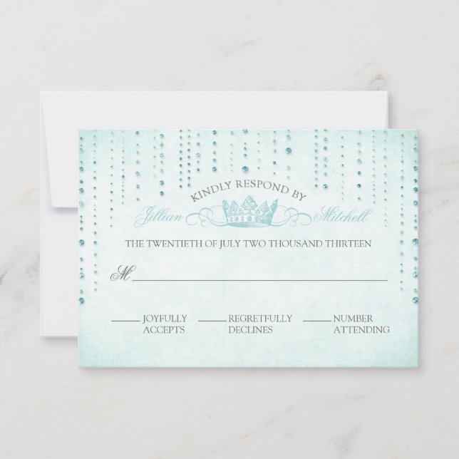 Aqua Glitzern & Crown Fairytale Wedding RSVP Card (Vorderseite)