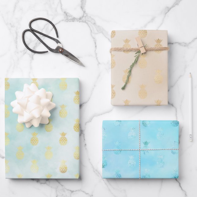 Aqua Gold Glam Tropische Ananas Geschenkpapier Set (Vorderseite)