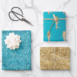 Aqua Gold Glitz Glitzer Sparkle Meerjungfrau Geschenkpapier Set