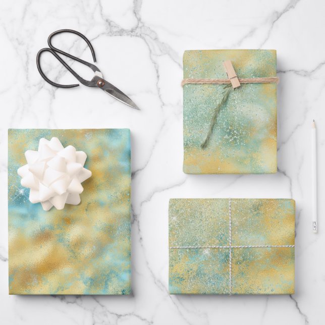 Aqua Gold Glitz Sparkle Geschenkpapier Set (Vorderseite)