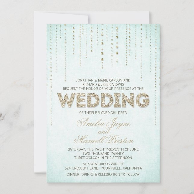 Aqua & Gold Glitzer Einladung Hochzeitsfeiern (Vorderseite)