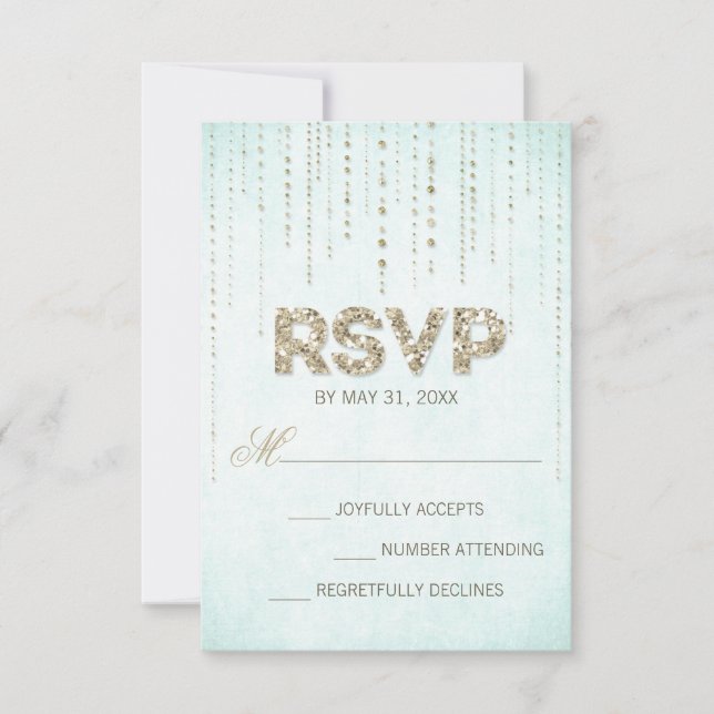 Aqua & Gold Glitzer Look Hochzeitskarte RSVP (Vorderseite)