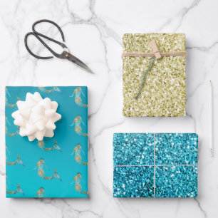 Aqua Gold Glitzer Sparkle Meerjungfrau Geschenkpapier Set
