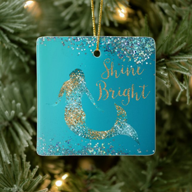 Aqua Gold Glitzer Sparkle Meerjungfrau Keramikornament (Baum)
