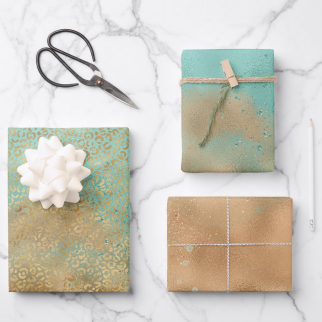 Aqua Gold Glitzy Sparkle Glitzer Leopard Geschenkpapier Set (Vorderseite)
