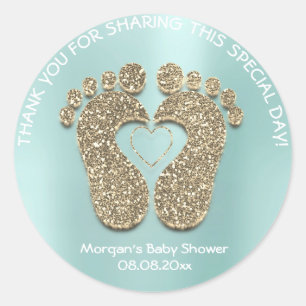 Aqua Gold Heart Feet Baby Dusche Gefallen Vielen D Runder Aufkleber
