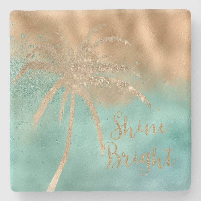 Aqua Gold Palm Tree Shine Bright Glitzer Steinuntersetzer (Vorderseite)