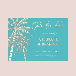Aqua Gold Palm Trees Beach Hochzeit Save the Date Folieneinladung