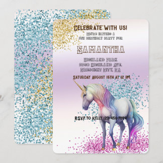 Aqua Gold Pink Einhorn Glitzer Einladung