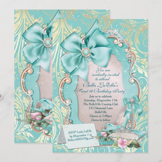 Aqua & Gold Princess Sweet 16 Einladung (Vorne/Hinten)