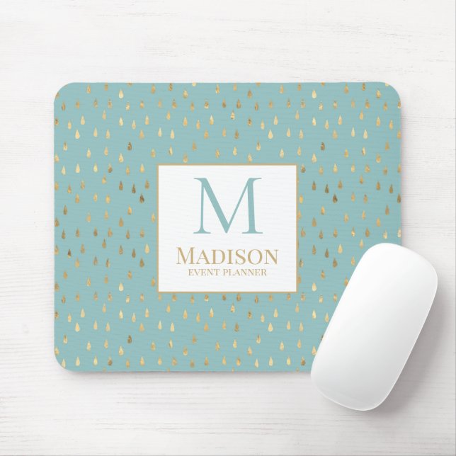 Aqua Gold Raindrop Moderne Trendy Monogram Mousepad (Mit Mouse)