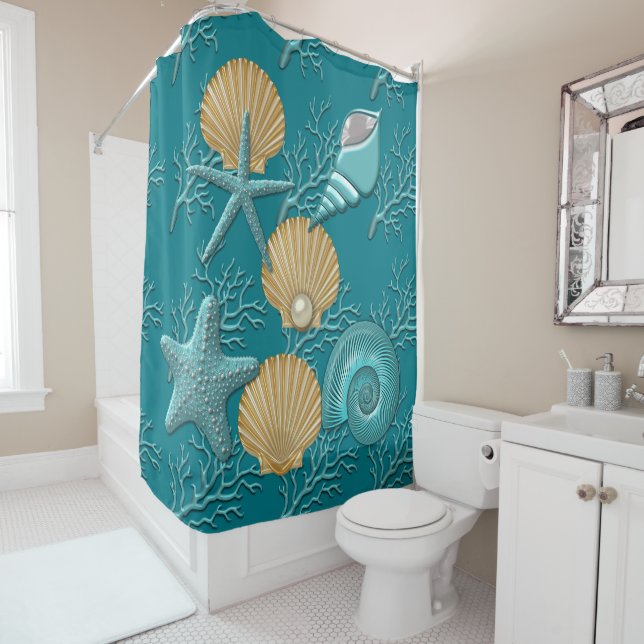 Aqua & Gold Seahells Coral Reef Duschvorhang (Beispiel)