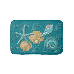 Aqua & Gold Seashells Coral Reef Badematte