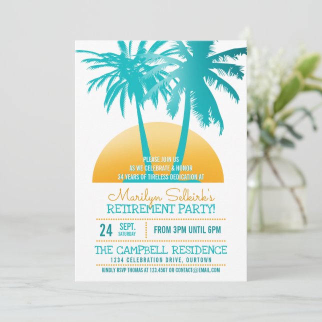 Aqua|Gold Tropical Retirement Party Invitations (Debout devant)