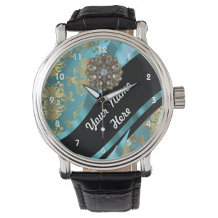 Aqua-Gold und schwarz-blumenfeuermatte Armbanduhr