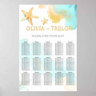 Aqua Gold Wasserfarbe Strand Seestern Hochzeit Poster