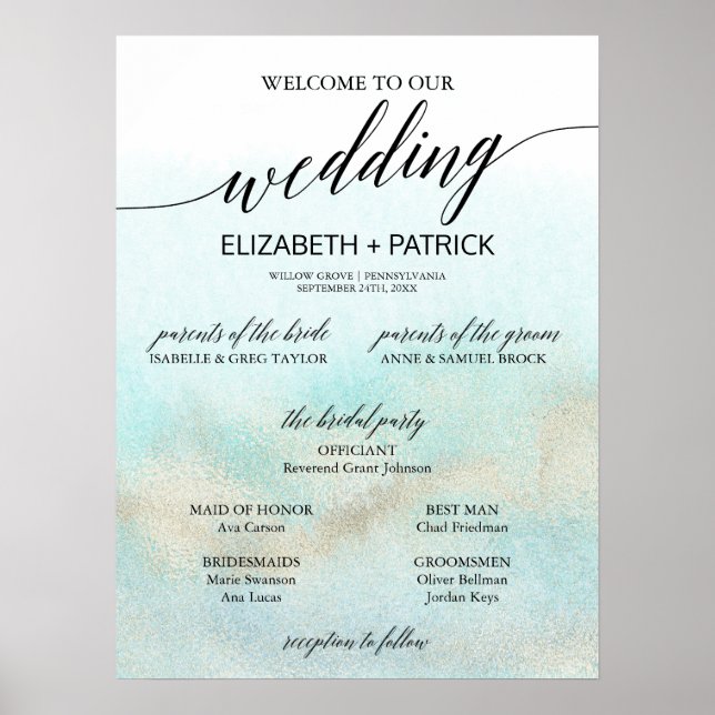 Aqua & Gold Watercolor Beach Small Wedding Program Poster (Vorne)