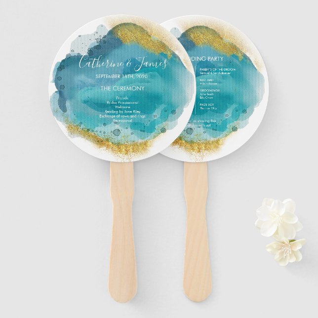 Aqua & Gold Watercolor Hochzeitsprogramm Fächer (Vorne und Hinten)