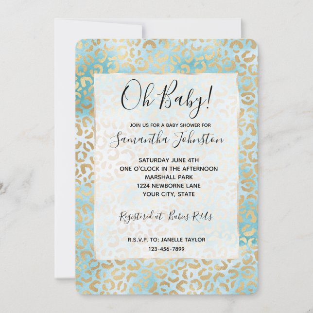 Aqua Gold White Leopard Print Einladung (Vorderseite)