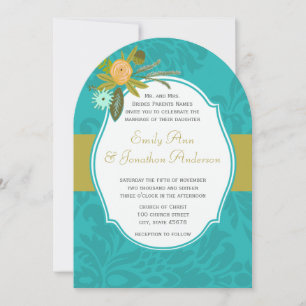 Aqua Golden Limon Chartreuse Damask Einladung