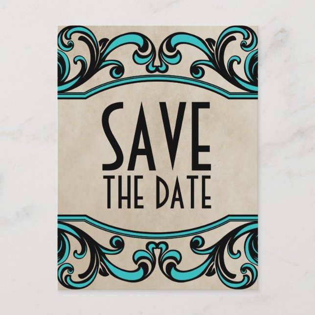 Aqua Gothic Wirbel Save the Date Postkarte (Vorderseite)