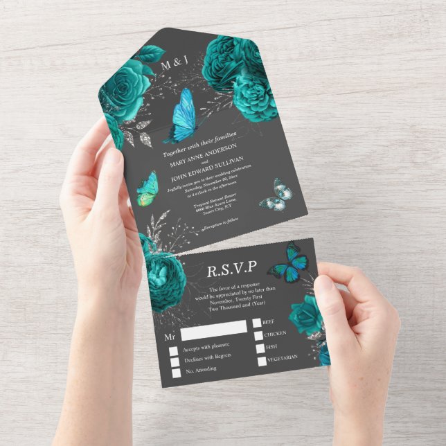  Aqua grau Rose elegantes Schmetterlingsplaster Bu All In One Einladung (Abreißtisch)