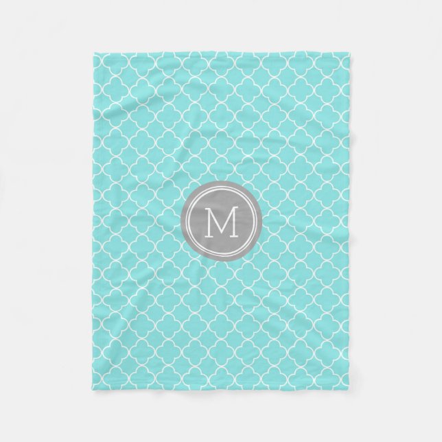 Aqua graue Quatrefoil Muster-Monogramm-Decke Fleecedecke (Vorderseite)