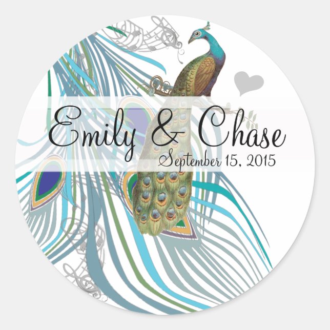 Aqua Gray 3 Peacock Feathers Wedding Sticker (Vorderseite)