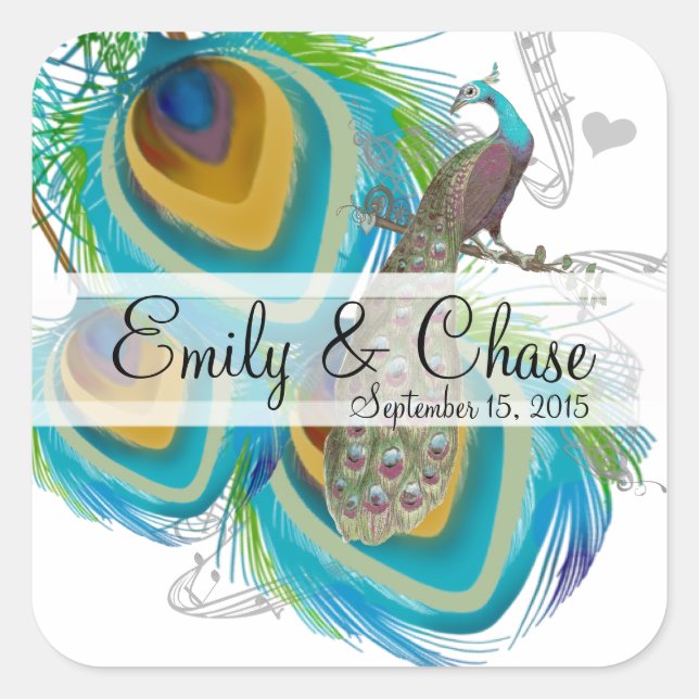 Aqua Gray 3 Peacock Feathers Wedding Sticker (Vorderseite)