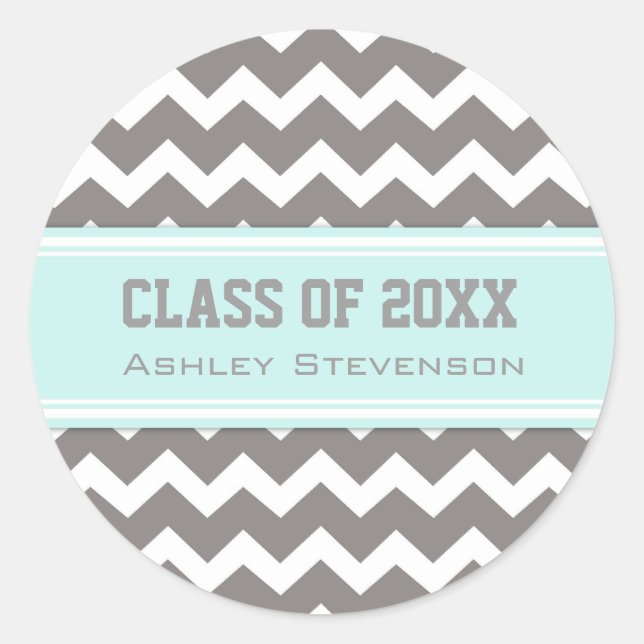 Aqua Gray Chevrons Abschluss Individuelle Name Runder Aufkleber (Vorderseite)