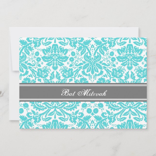 Aqua Gray Damask Bat Mitzvah Einladungen (Vorderseite)