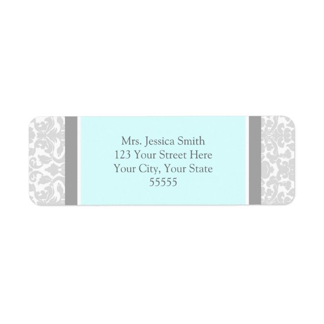 Aqua Gray Damask Custom Rücksendeadressen-Aufklebe (Vorne)