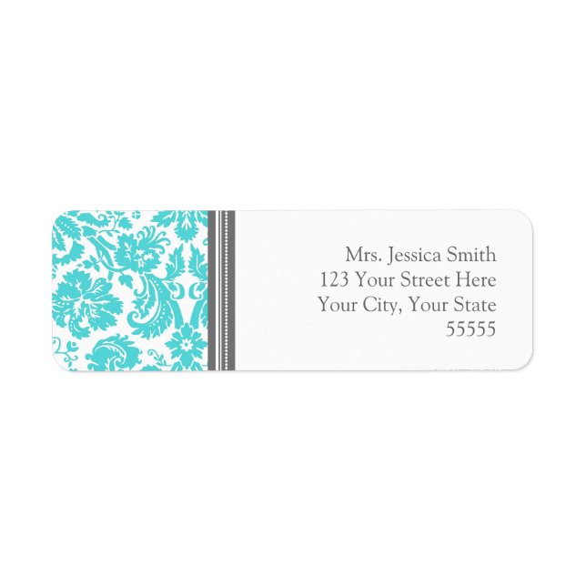 Aqua Gray Damask Custom Rücksendeadressen-Aufklebe (Vorne)