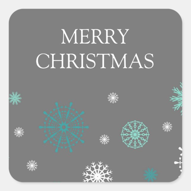 Aqua Gray Snowflakes Frohe Weihnachtskleber Quadratischer Aufkleber (Vorderseite)