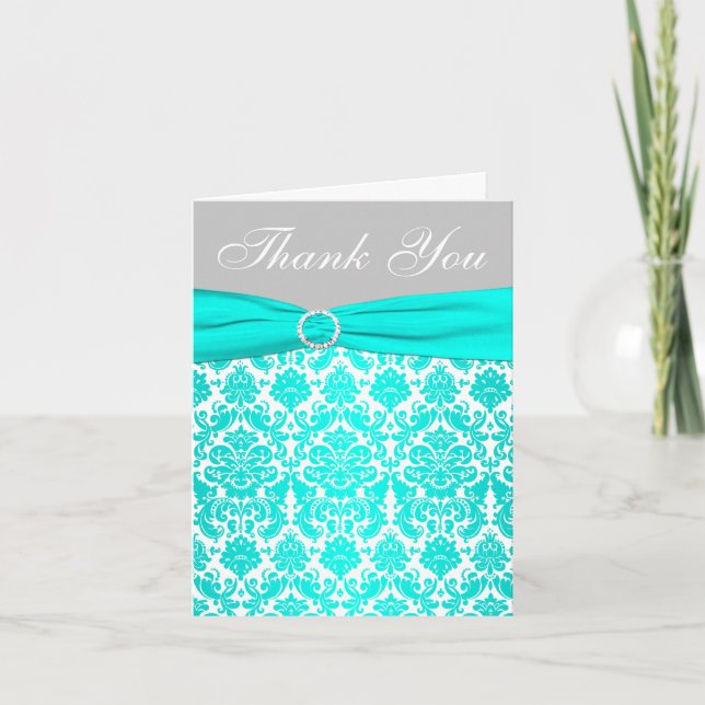 Aqua, Gray und White Damask Danke Karte (Vorderseite)