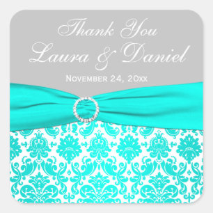 Aqua, Gray und White Damask Hochzeitssticker Quadratischer Aufkleber