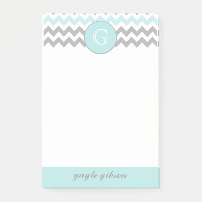 Aqua-Gray-Zickzack Monogramm-Post-it®-Notizen Post-it Klebezettel (Vorderseite)