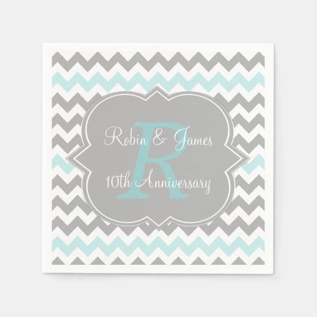 Aqua Gray Zickzack Personalisiert Anniversary Napk Serviette (Vorderseite)