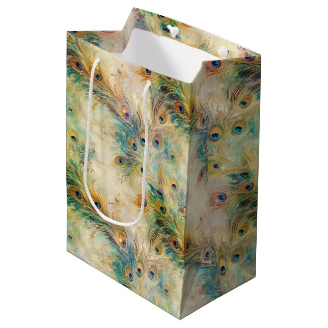 Aqua Green Gold Peacock Feathers Mittlere Geschenktüte (Vorderseite Schrägansicht)