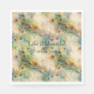 Aqua Green Gold Peacock Feathers Serviette