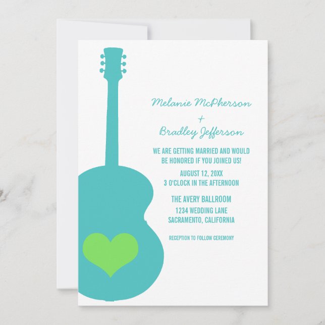 Aqua/Green Guitar Coeur Mariage Invitation (Devant)