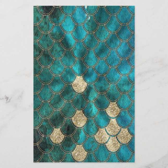 Aqua green Mermaidskales mit goldenem Glitzer Briefpapier (Vorderseite)