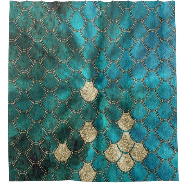 Aqua green Mermaidskales mit goldenem Glitzer Duschvorhang (Vorderseite)