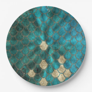 Aqua green Mermaidskales mit goldenem Glitzer Pappteller