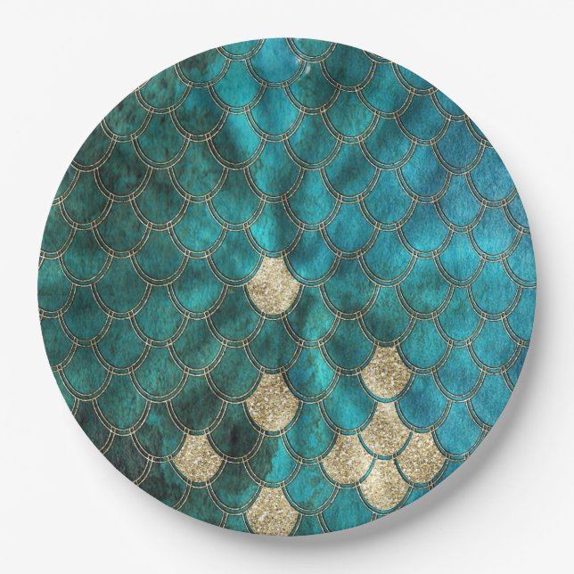 Aqua green Mermaidskales mit goldenem Glitzer Pappteller (Vorderseite)