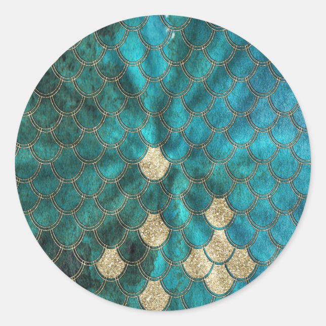 Aqua green Mermaidskales mit goldenem Glitzer Runder Aufkleber (Vorderseite)