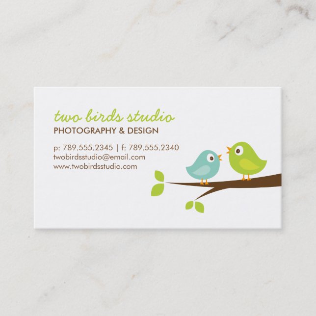 Aqua & Green Niedliche Vögel auf einer Zweigstelle Visitenkarte (Vorderseite)