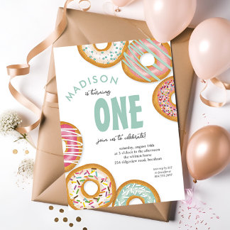 Aqua Green One Donut Erste Geburtstagsparty Einladung
